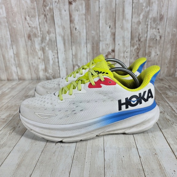Hoka Clifton 9 Men\'s White Yellow Blue‎ Road Running Shoes Size 10D main image 4